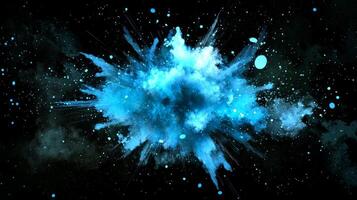 An explosion of turquoise particles unfolds, radiating vibrant energy in all directions, creating a mesmerizing cosmic effect against the darkness. photo