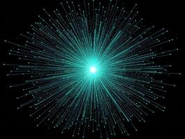 A mesmerizing turquoise explosion of luminous particles emerges from the center, radiating outward within the contrasting black space, evoking a sensation of energetic movement and depth. photo