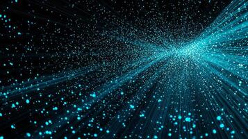 An explosion of vibrant turquoise particles bursts outward against a deep black background, radiating energy in a captivating cosmic display. The particles disperse dynamically, creating movement. photo