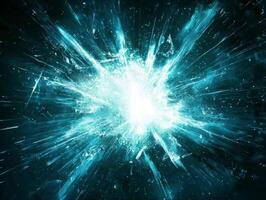 A dynamic explosion of turquoise particles scatters outward, forming an ethereal sphere of energy that illuminates the dark space around it, creating a cosmic display. photo
