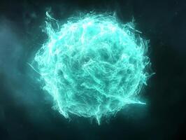 An ethereal burst of turquoise particles radiates outward, forming a luminous sphere of energy against a dark backdrop, evoking the beauty of a cosmic event. photo