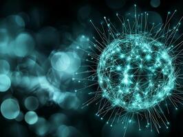 A mesmerizing turquoise particle explosion forms a glowing sphere of energy, scattering luminous particles dynamically across a dark background, evoking cosmic beauty. photo