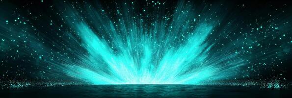 A vibrant explosion of turquoise particles bursts forth, radiating energy and creating a mesmerizing wave of light that disperses into the darkness. photo