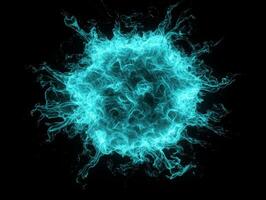 Turquoise particles burst outward in a brilliant display, creating a radiant wave of energy that lights up the black background with cosmic intensity. photo