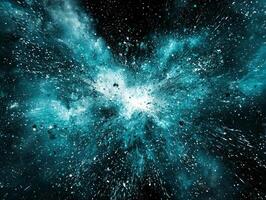 A stunning display unfolds as turquoise particles explode from the center, glowing brilliantly and forming a radiant wave of energy that dances across a pitch-black backdrop, evoking cosmic beauty. photo