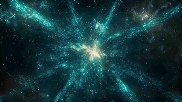 An eruption of turquoise particles ignites from the center, sending luminous trails spiraling outward in a mesmerizing display of cosmic energy and motion. photo