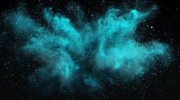 A striking explosion of turquoise particles radiates from a central point, creating mesmerizing trails against a deep black background, evoking cosmic energy and movement. photo