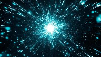 A stunning eruption of turquoise particles bursts forth from a central point, scattering radiant trails outward, embodying dynamic cosmic energy on a black canvas. photo