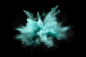 A dynamic burst of turquoise particles radiates outward, creating a captivating spectacle of glowing dust and vivid trails against the dark background, embodying high-energy motion. photo