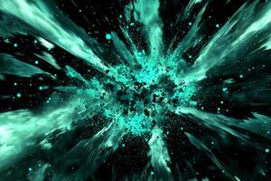 An intense burst of turquoise particles expands energetically from a central point, dispersing glowing dust and trails across a stark black backdrop, creating a mesmerizing visual spectacle. photo