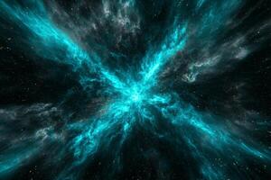 A burst of turquoise particles radiates outward, creating glowing trails and a sense of energy. This dynamic display captivates with its cosmic allure and imaginative depth. photo