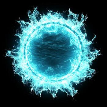 A powerful burst of turquoise particles erupts from a bright core, dispersing energetically in all directions, creating a stunning, vibrant spectacle in the darkness. photo