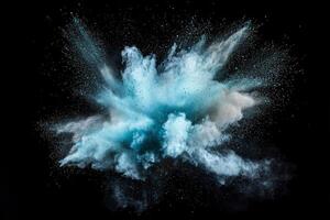 Turquoise particles burst energetically from the center, dispersing in all directions against a deep black background, evoking a sense of vibrancy and movement. photo