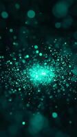 A radiant burst of turquoise particles creates a mesmerizing wave, scattering outward from a vibrant center, evoking a sense of cosmic explosion and energy. photo