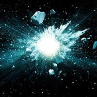 A captivating display of turquoise particles bursts outward from a radiant core, creating a high-energy explosion that fills the darkness with vibrant motion and brilliance. photo