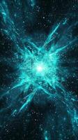 A breathtaking turquoise particle burst erupts at the center, sending waves of glowing particles scattering outward in a dynamic cosmic display of energy and light. photo