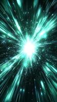 A mesmerizing turquoise burst emanates from a brilliant center, scattering glowing particles outward in a captivating display of cosmic energy and motion. photo