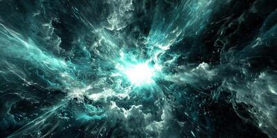 In a captivating display, turquoise particles explode from a glowing core, shooting outward and forming a radiant wave of ethereal light, evoking the depths of the cosmos. photo