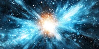 A mesmerizing display unfolds as turquoise particles erupt from a glowing core, creating a stunning wave of energy that illuminates the surrounding cosmos. photo