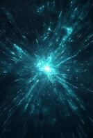 A vibrant explosion of turquoise particles bursts outward, spreading glowing dust across a dark cosmic canvas. The dynamic display evokes a sense of cosmic energy and wonder. photo