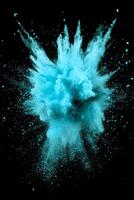 Witness a mesmerizing explosion of turquoise particles as they radiate outward, creating a stunning cosmic energy effect amidst a vast dark background, evoking a sense of wonder. photo
