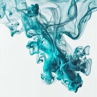 Turquoise smoke dances elegantly into the air, its wispy tendrils fading into transparency on a stark white background, creating a mesmerizing and serene atmosphere. photo