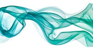Soft tendrils of turquoise smoke elegantly rise and twist into the air, blending vibrant hues on a bright white canvas, showcasing intricate details and fluid movement. photo