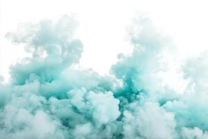 Thick turquoise smoke ascends gracefully against a bright white backdrop, showcasing soft edges and varying opacity for a strikingly surreal experience, evoking a sense of movement and whimsy. photo