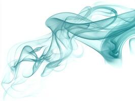 Swirling tendrils of turquoise smoke rise elegantly against a pure white background, creating an otherworldly atmosphere filled with intricate shapes and soft gradients. photo