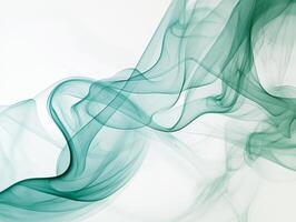 Turquoise smoke dances and twists in elegant tendrils, merging lighter shades in a captivating display against a crisp white backdrop, evoking a sense of tranquility and beauty. photo