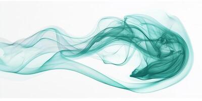 A captivating turquoise smoke swirl gracefully rises in vibrant tones against a clean white background, offering a dynamic and stunning visual experience. photo