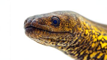 Moray Eel exhibits its captivating texture and vivid colors highlighting the distinctive patterns on its skin as it rests against a white background. photo