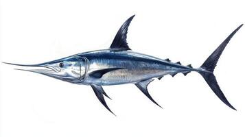 Swordfish is displayed in detail highlighting its elongated bill streamlined body and striking coloration emphasizing its role in marine ecosystems. photo