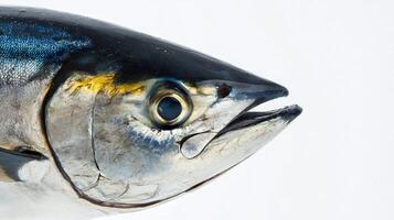 close up view highlights the distinctive head and eye of a Yellowfin Tuna known for its vibrant colors and streamlined shape set against a pure white background. photo