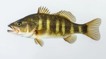 unique characteristics of a bass fish from the species Micropterus salmoides showcasing its striking patterns and colors vividly against a clean white background. photo