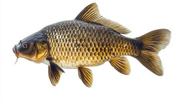 close up of a Carp reveals its distinctive features including scales and fins while set against a clean white backdrop. This highlights the fishs natural beauty. photo