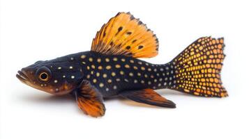 This striking Clown Pleco known as Panaqolus maccus showcases its unique coloration and detailed patterns while positioned against a clean white backdrop. photo