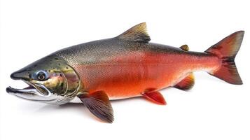 Coho Salmon exhibits its distinctive features and striking coloration against a white backdrop highlighting its importance in aquaculture and local ecosystems. photo