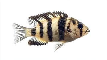 freshwater fish is a Convict Cichlid well known for its bold black stripes against a lighter body. Captured in isolation it exhibits its unique aquatic characteristics. photo