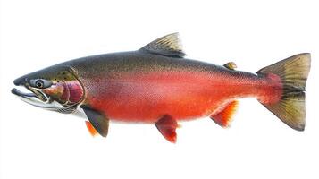 Coho Salmon displays its striking colors and distinctive physical characteristics illustrating the beauty and complexity of this fish breed in a clear and isolated setting. photo