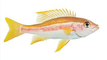 Goatfish belonging to the Mullidae family displays striking hues of yellow and pink against a white backdrop highlighting its distinctive characteristics. photo