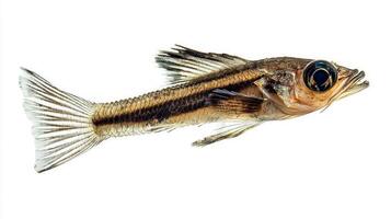 Lanternfish Myctophidae displays intricate details highlighting its slender body and large eyes a remarkable specimen set against a white backdrop. photo