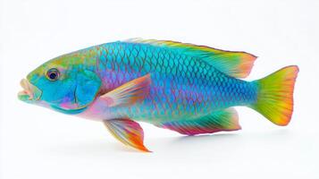 vibrant parrotfish displays its colorful scales and intricate patterns against a clean white background illustrating its remarkable aquatic beauty and characteristics. photo