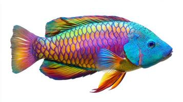 parrotfish showcases its stunning colors in detail highlighting its scales and unique shape. The background emphasizes its vibrant hues and characteristics. photo