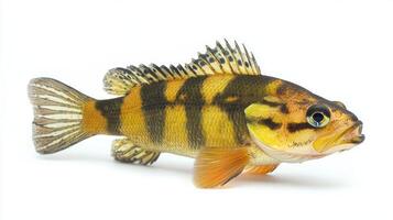 vibrant Peacock Bass Cichla ocellaris displays its striking coloration and intricate patterns highlighting its features beautifully against a white backdrop. photo