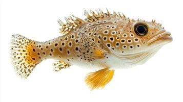 close up reveals a porcupinefish with distinctive patterns and spines beautifully isolated against a white backdrop highlighting its unique anatomy. photo