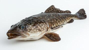 vivid representation of a sablefish showcasing its unique features like coloration and texture on a clean white backdrop. This fish is known for its culinary appeal. photo