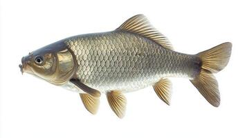 silver carp displays its distinct coloration and scale patterns against a clean white backdrop. The clarity of the shot highlights its anatomy and unique traits. photo