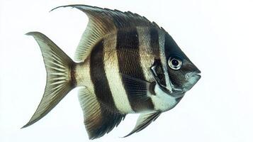 striking Spadefish displays its distinctive black and white striped pattern while floating against a clean white backdrop emphasizing its shape and features. photo