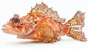 vibrant Scorpionfish rests on a clean white surface highlighting its intricate patterns and striking colors that exemplify its unique adaptation. photo